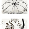 A black umbrella with a transparent canopy featuring delicate floral designs.