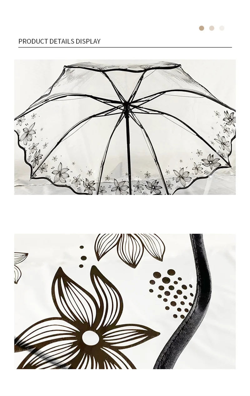 A black umbrella with a transparent canopy featuring delicate floral designs.