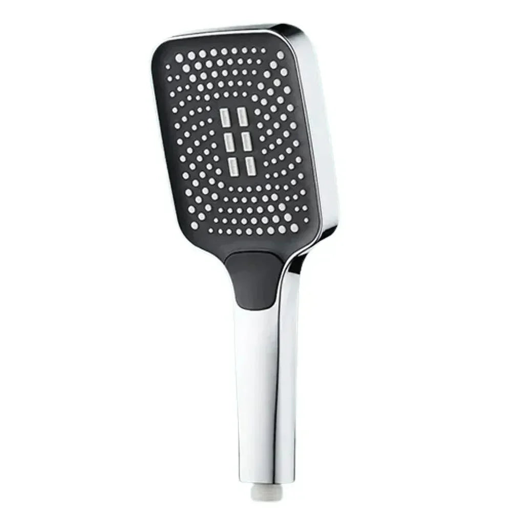 A chrome handheld shower head with a black, perforated spray face and a silver finish.
