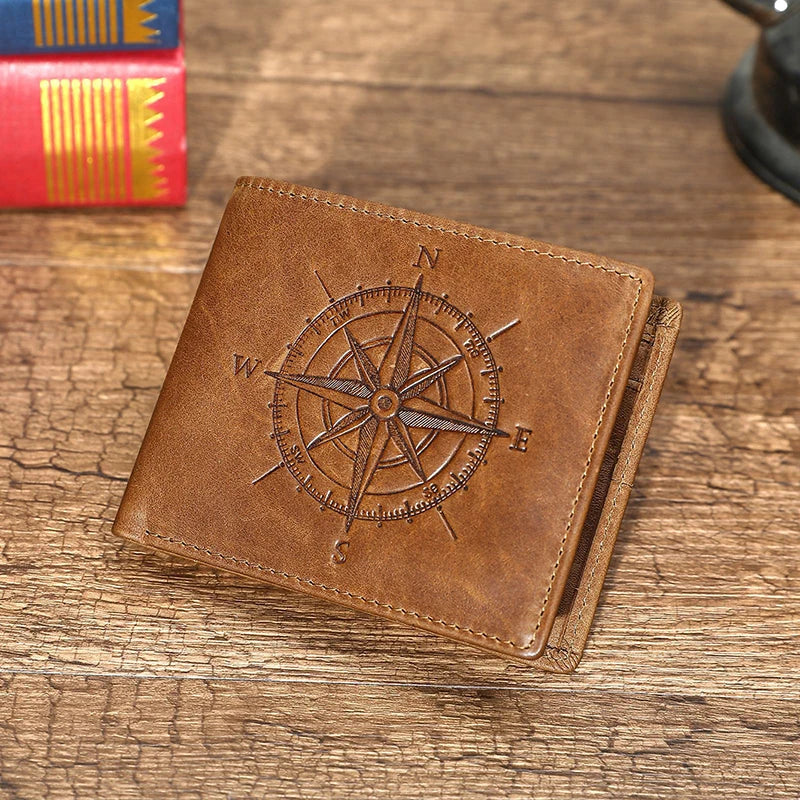Men's Leather Wallet with Compass Pattern and RFID Protection