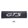 Black leather seat belt cover with white GTS logo on a white background