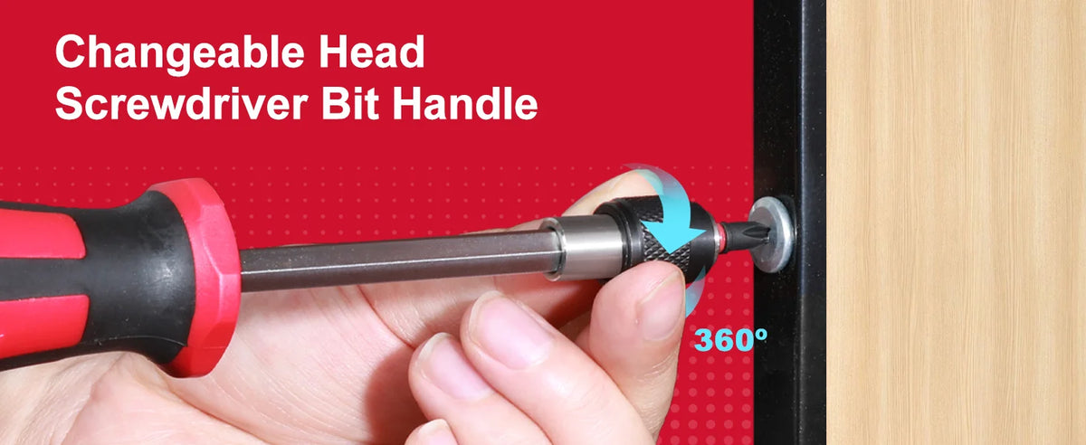 A hand is holding a screwdriver bit handle, demonstrating the changeable head feature of a magnetic quick-change screwdriver 