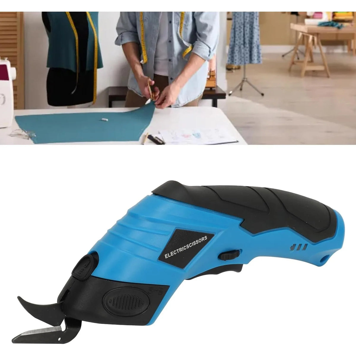 A blue cordless electric scissors tool with a black handle and scissor blades is shown against a white background.