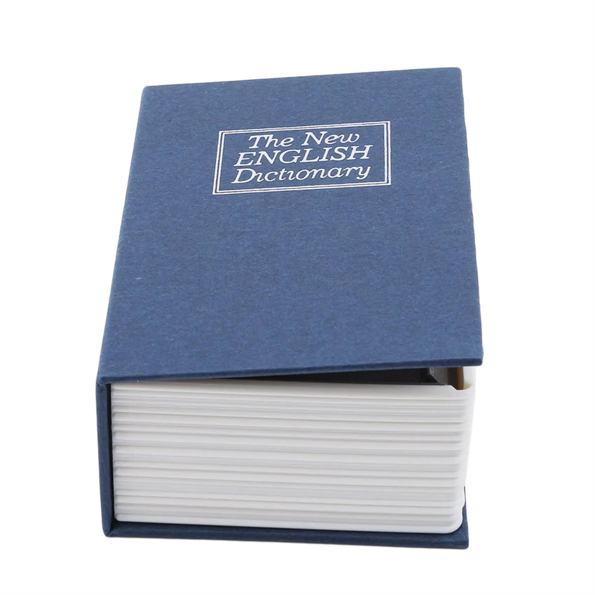 Un libro azul titulado The New English Dictionary con diseño repujado plateado.