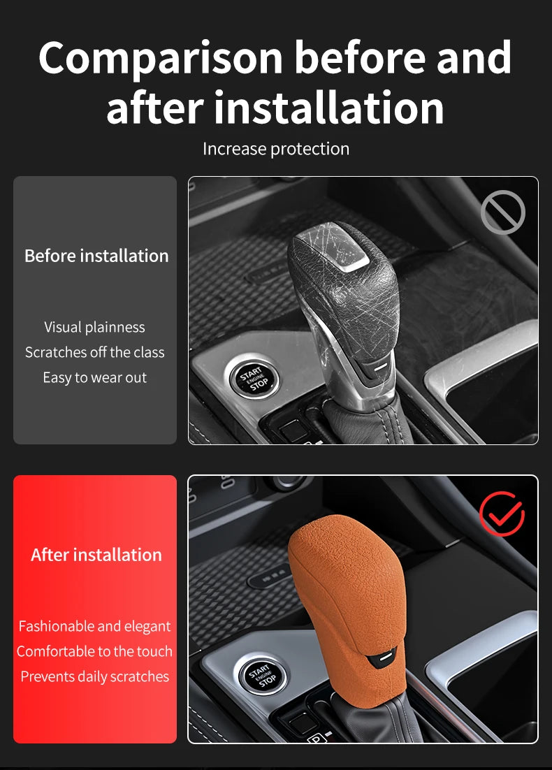 Comparison showing a gear shift cover before and after installation, highlighting increased protection.