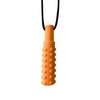 Orange silicone sensory chew necklace for kids with a black cord and textured pendant