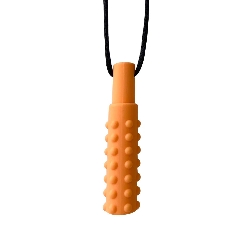 Orange silicone sensory chew necklace for kids with a black cord and textured pendant