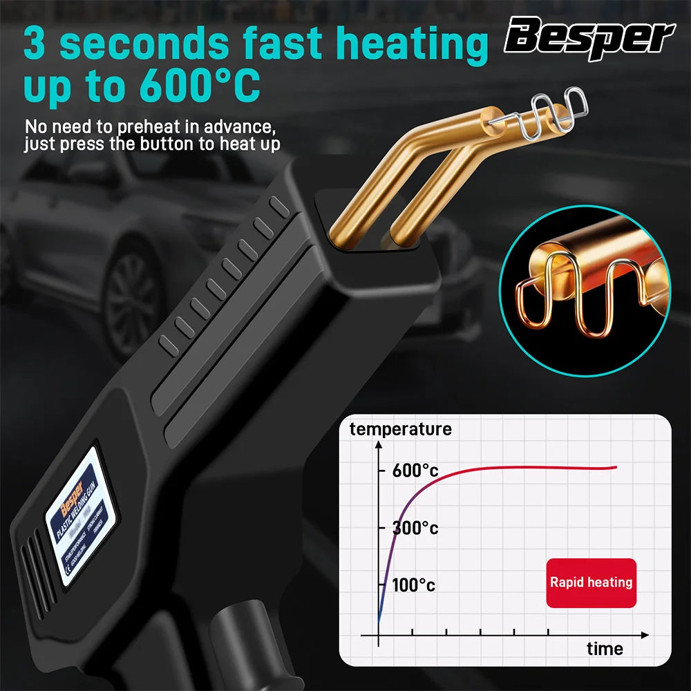 A black plastic repair welder with a gold hot stapler kit demonstrating rapid heating to 600°C.