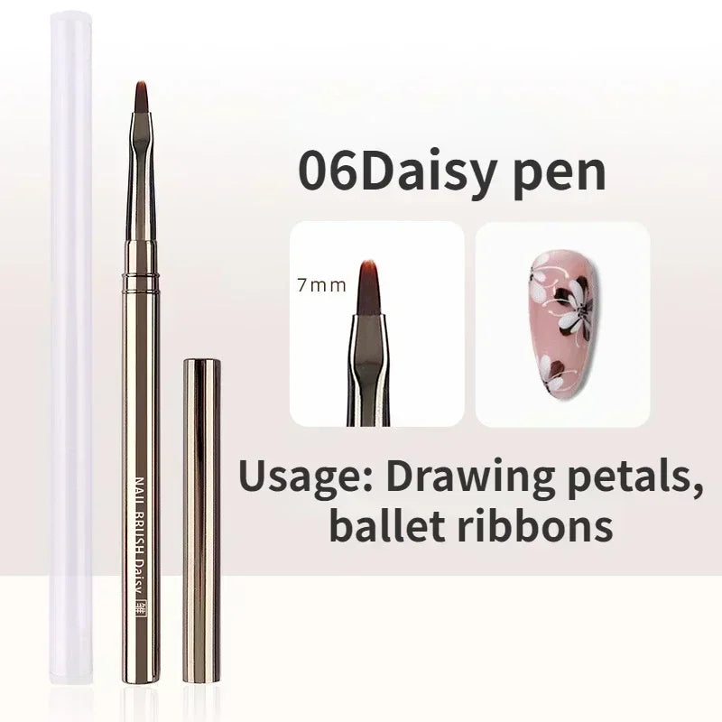 A set of 06 Daisy pens, a precision nail art brush, and a pink petal-shaped design.