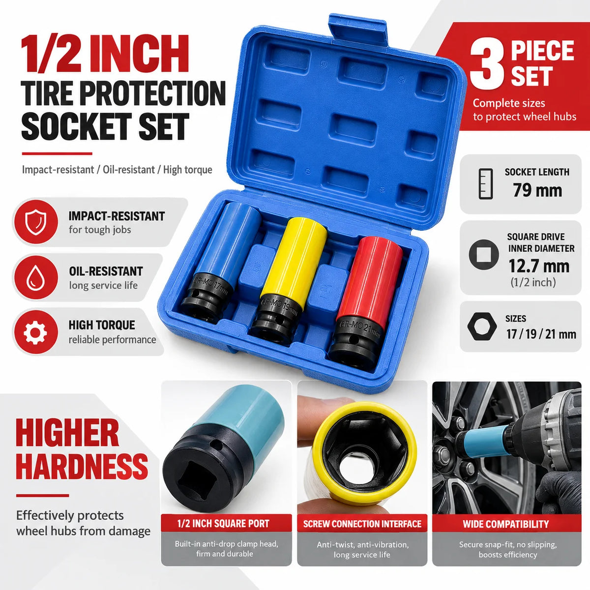 Impact Wrench Socket Set with Protective Sleeves (15-22mm)