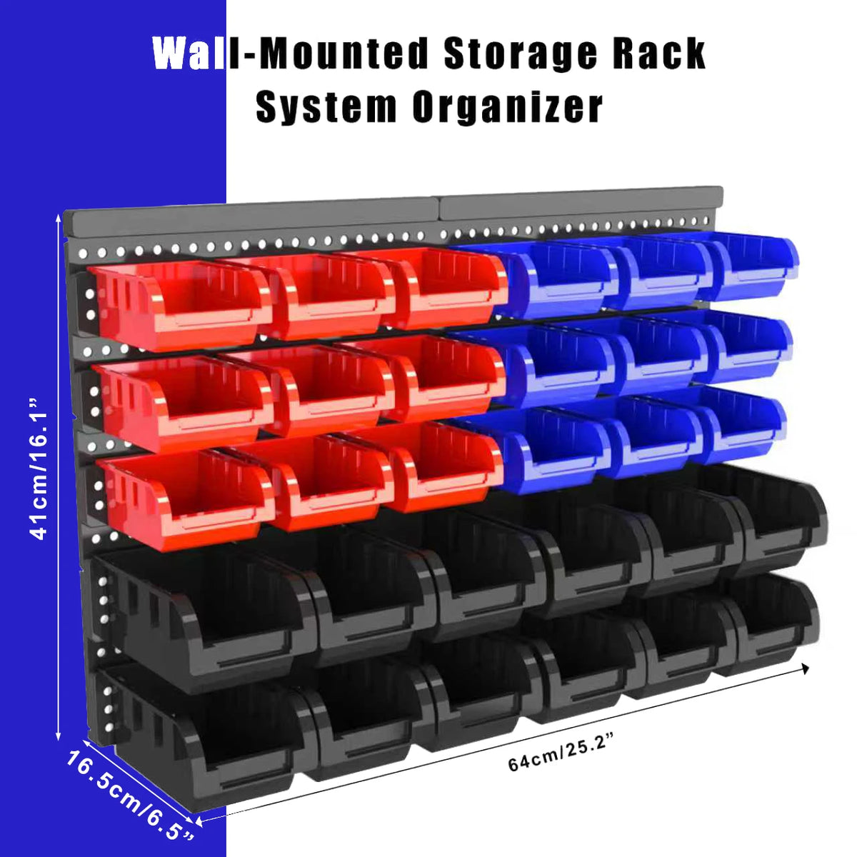 Wall-mounted storage rack system organizer with 30 plastic bins in red, blue, and black.