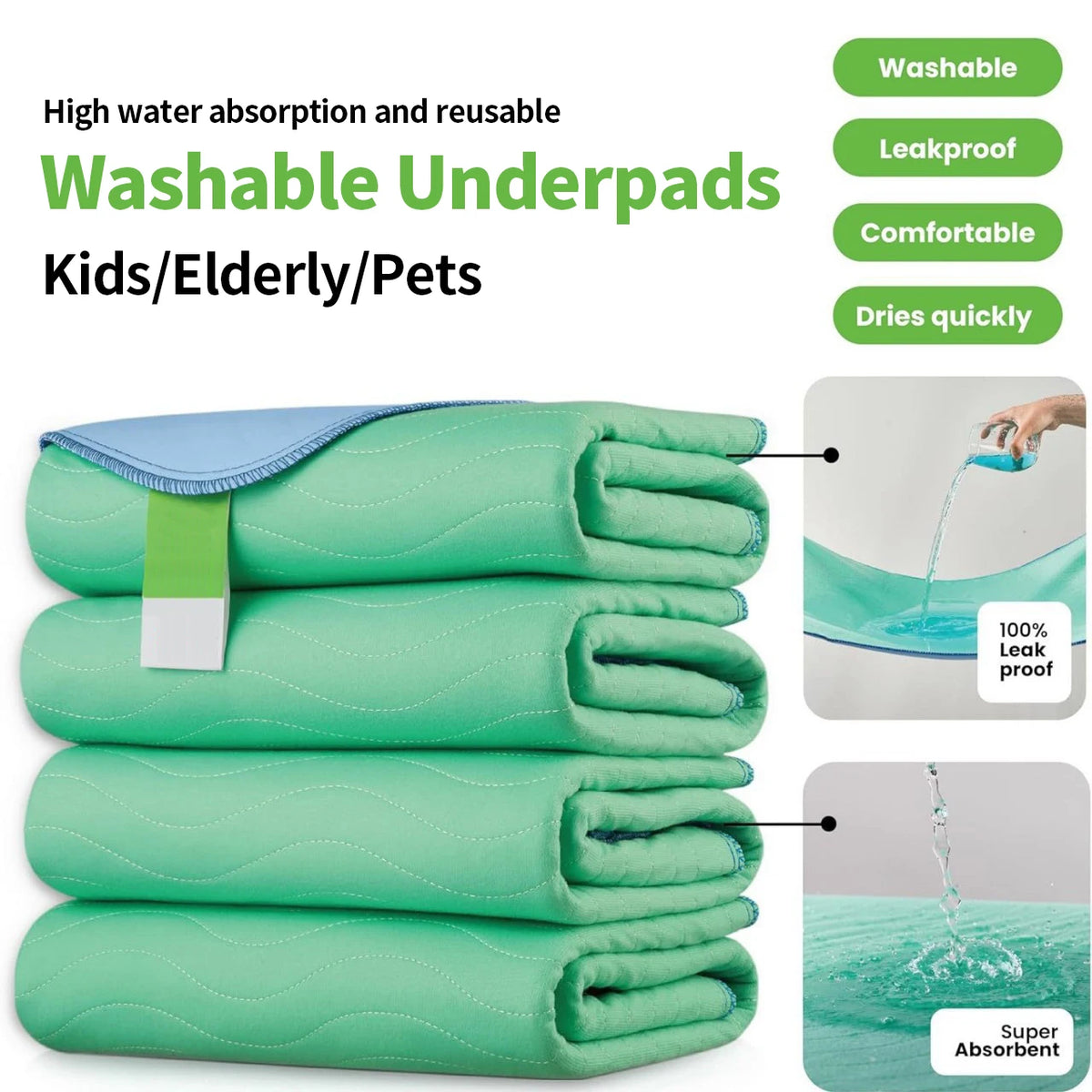 Stack of green washable underpads used for kids, elderly, or pets
