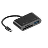 A black 3-in-1 USB-C memory card reader device with a cable.
