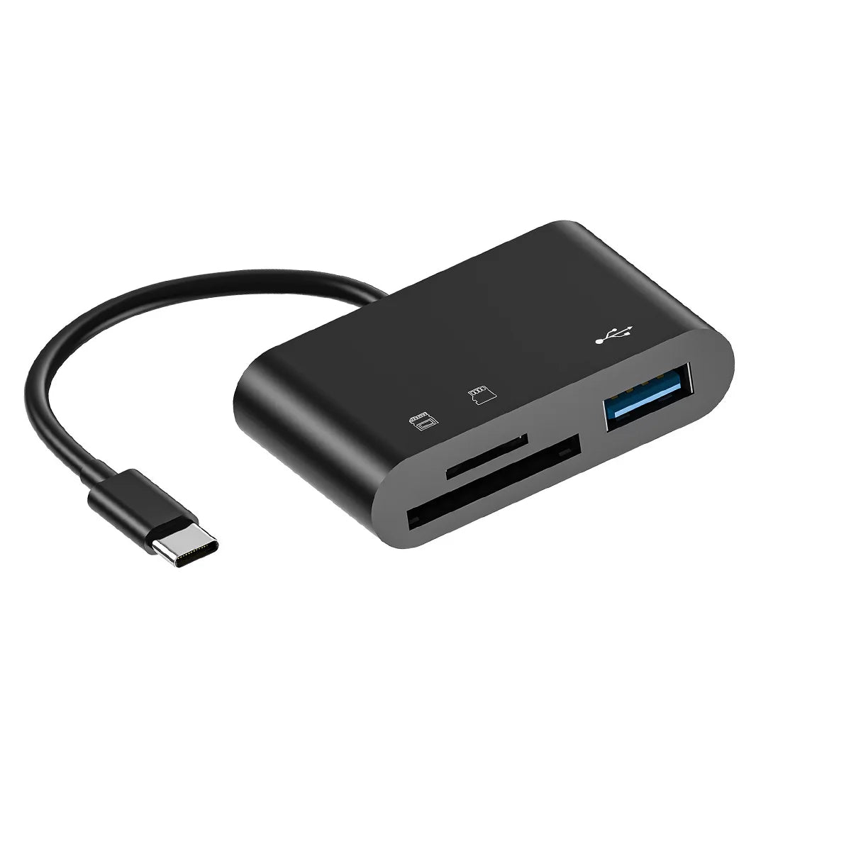 A black 3-in-1 USB-C memory card reader device with a cable.