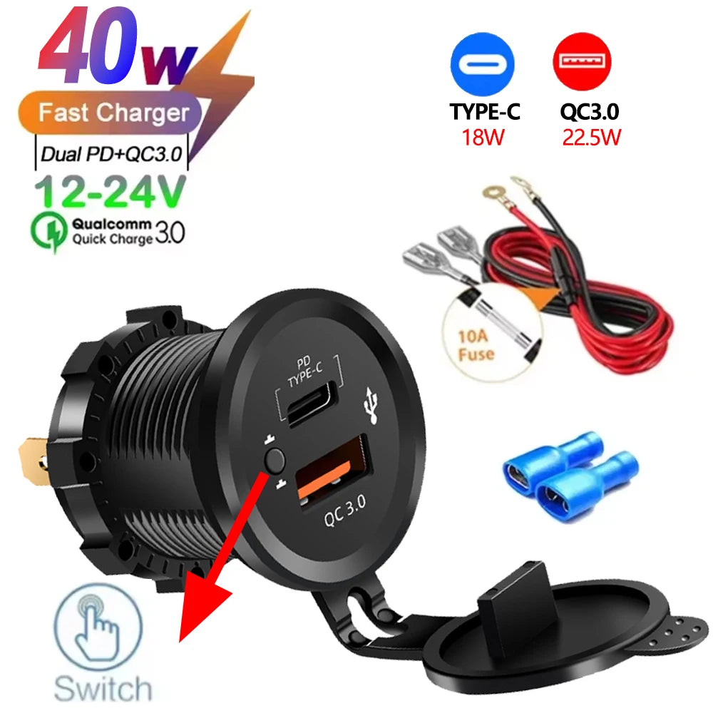 A black car charger with a switch, featuring a Type-C port and QC 3.0 output, along with cables and a fuse.
