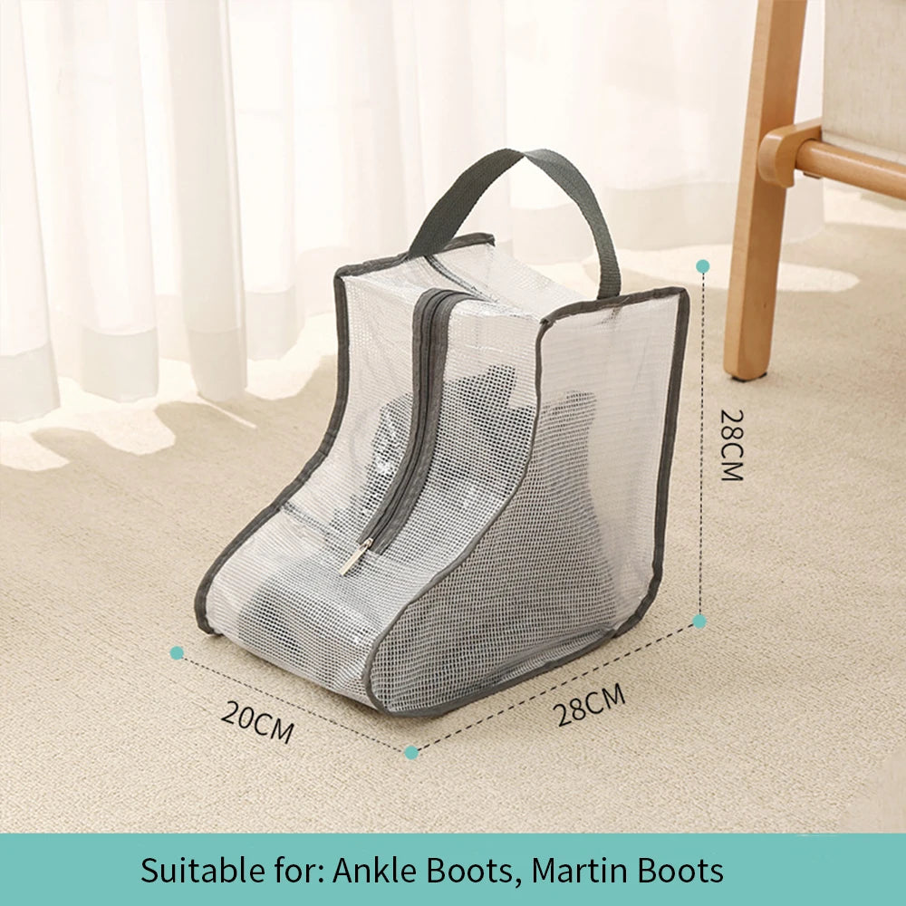 A clear mesh waterproof boot storage bag with a handle shown on a light carpet.