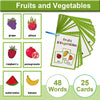 A set of 25 fruit and vegetable flash cards featuring images like grape, pitaya, strawberry, and watermelon.