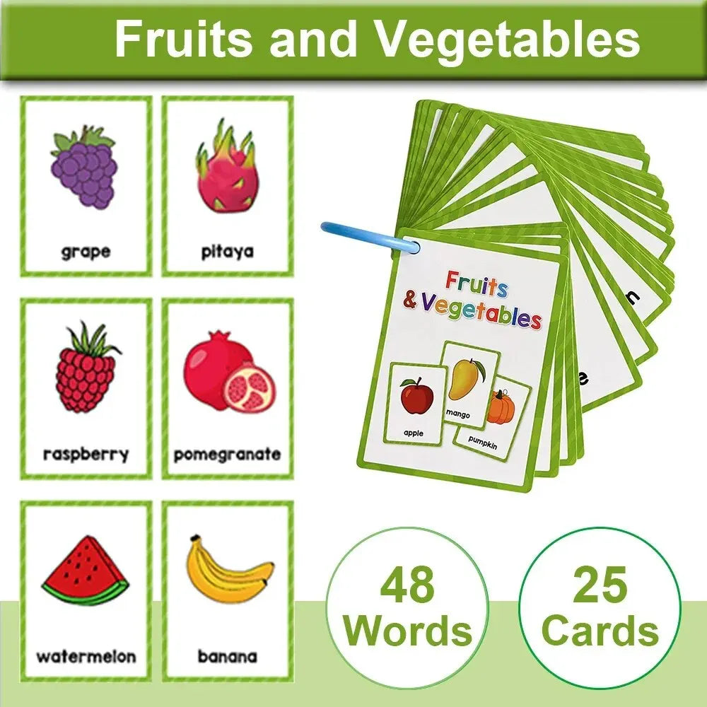 A set of 25 fruit and vegetable flash cards featuring images like grape, pitaya, strawberry, and watermelon.