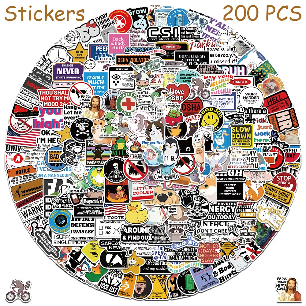 A collection of 200 funny cartoon meme vinyl stickers featuring various text and illustrations.