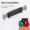 Black adjustable metal tablet stand with a flexible arm shown next to various sized tablets and smartphones.