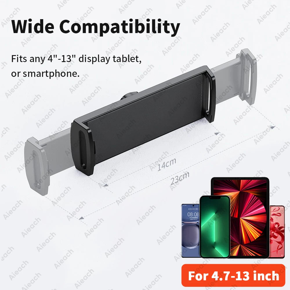 Black adjustable metal tablet stand with a flexible arm shown next to various sized tablets and smartphones.