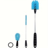 A set of three blue bottle cleaning brushes with long handles, including a brush and a scrubbing brush.