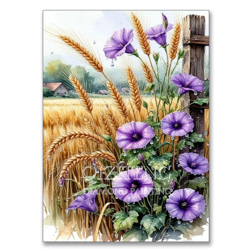 A painting of purple hydrangeas and golden wheat stalks with dew drops.