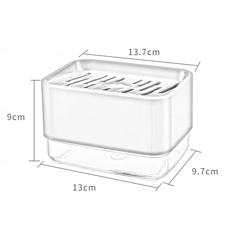 A clear kitchen soap dispenser with a sponge holder, showing its dimensions.