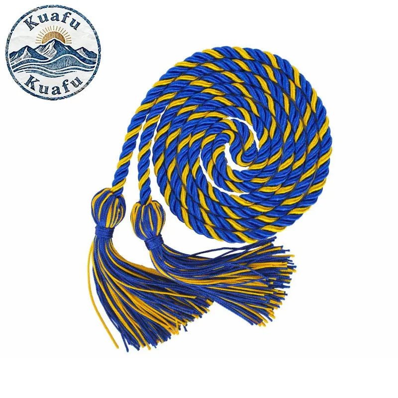 A spool of blue and yellow graduation honor cords with tassels, coiled into a spiral.