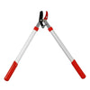 A pair of silver and red telescopic ratchet pruning shears with white handles.