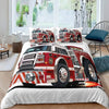 A duvet cover featuring a graphic of a red and white fire engine vehicle.