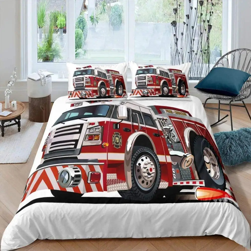 A duvet cover featuring a graphic of a red and white fire engine vehicle.