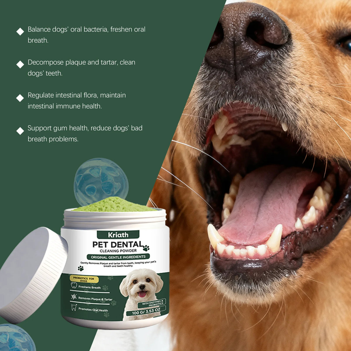 Jar of Kriath Pet Dental Cleaning Powder next to a dog's face showing fresh breath and oral health benefits