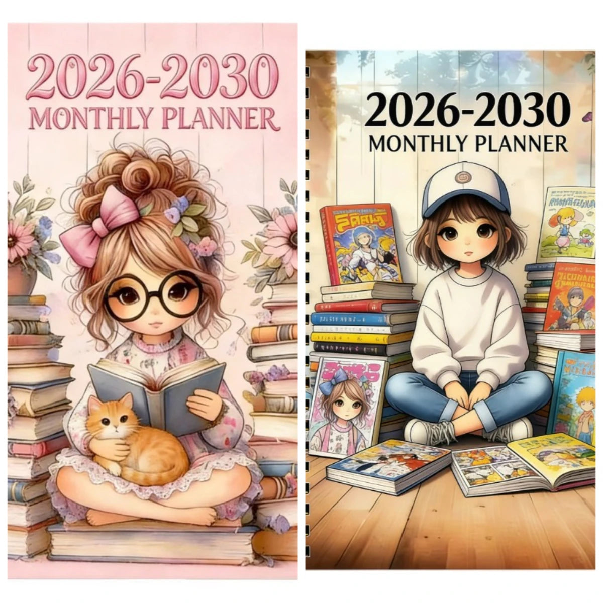 5-Year Monthly Planner with Reading-Themed Cover, Lay-Flat Spiral Binding