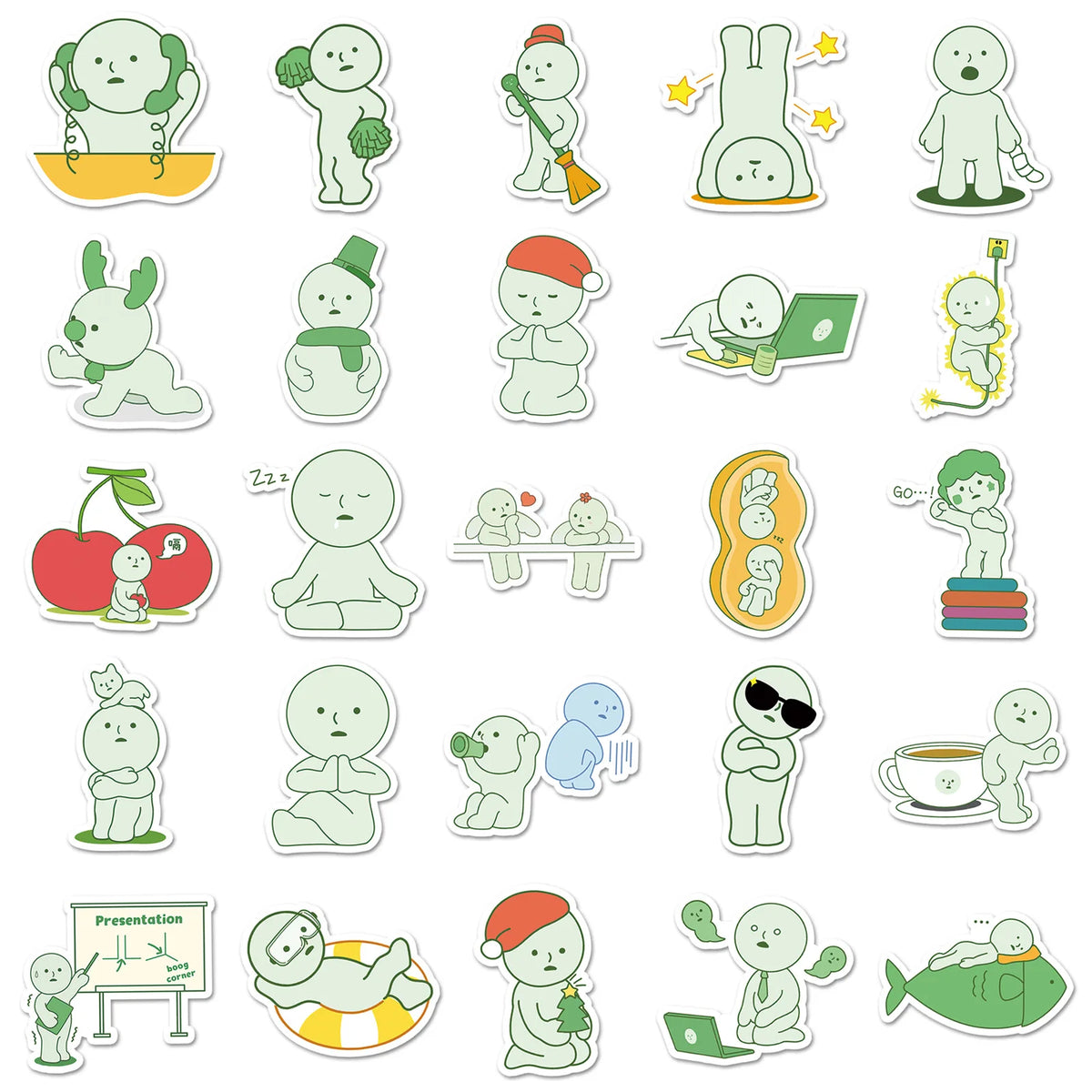 A collection of cute Smiski cartoon stickers depicting various facial expressions and actions.