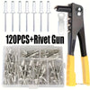 A kit containing 120 blind rivets and a heavy-duty rivet gun tool.