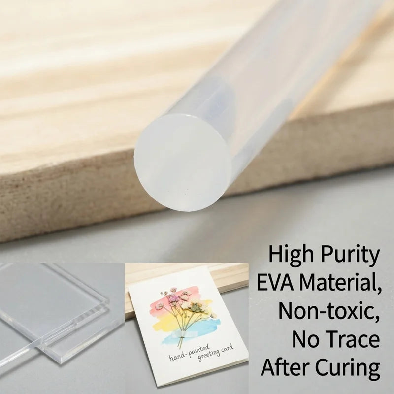 Clear hot glue stick refills shown next to a hand-painted greeting card.
