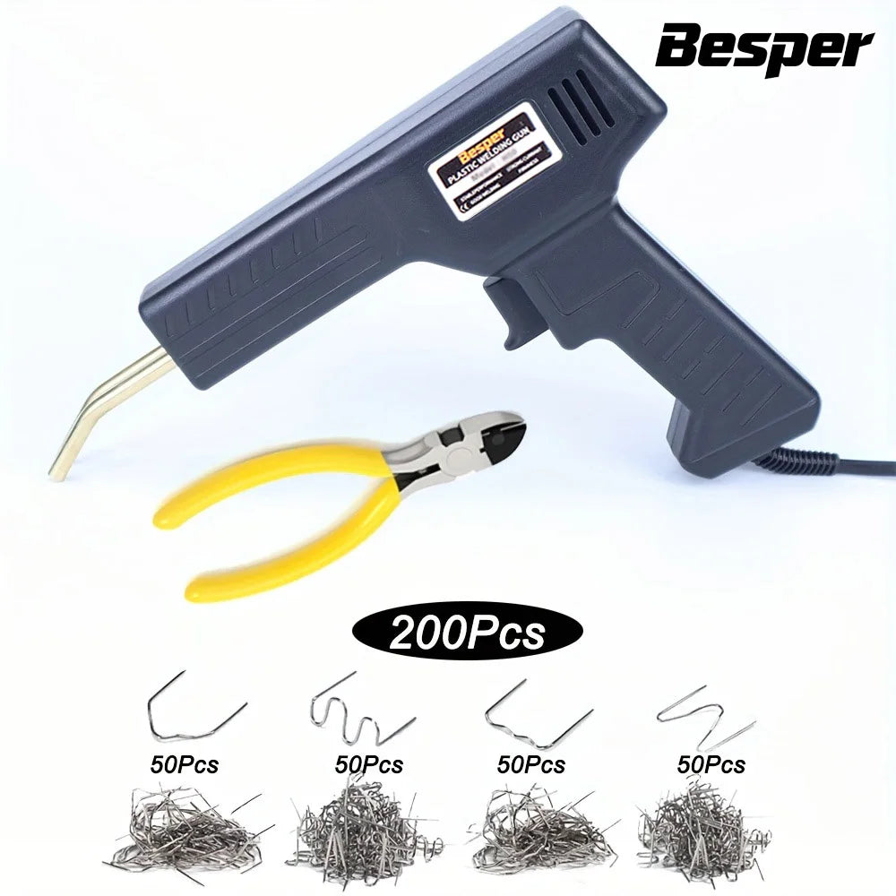 A black Besper plastic welding gun and a pair of pliers with wire are shown next to various quantities of metal wire.