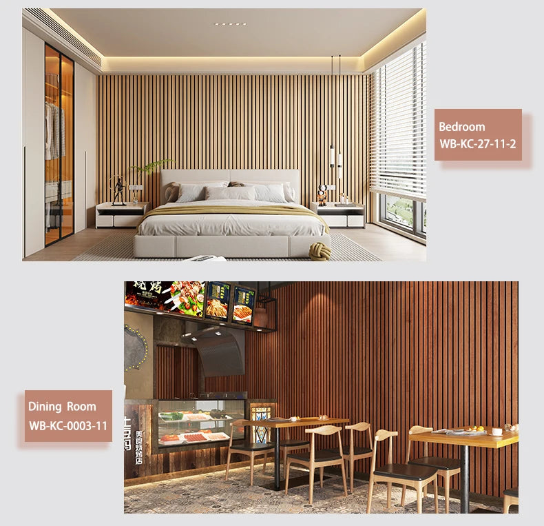 Interior view of a modern bedroom featuring wooden slat walls and a bed, with a dining room area visible in the background.