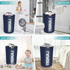 A set of navy blue foldable laundry bags with padded handles shown in various contexts like a laundry room, bathroom, baby ro