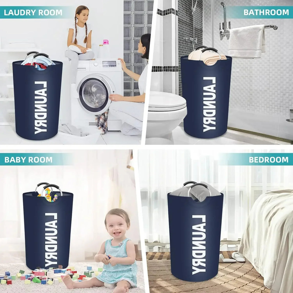 A set of navy blue foldable laundry bags with padded handles shown in various contexts like a laundry room, bathroom, baby ro