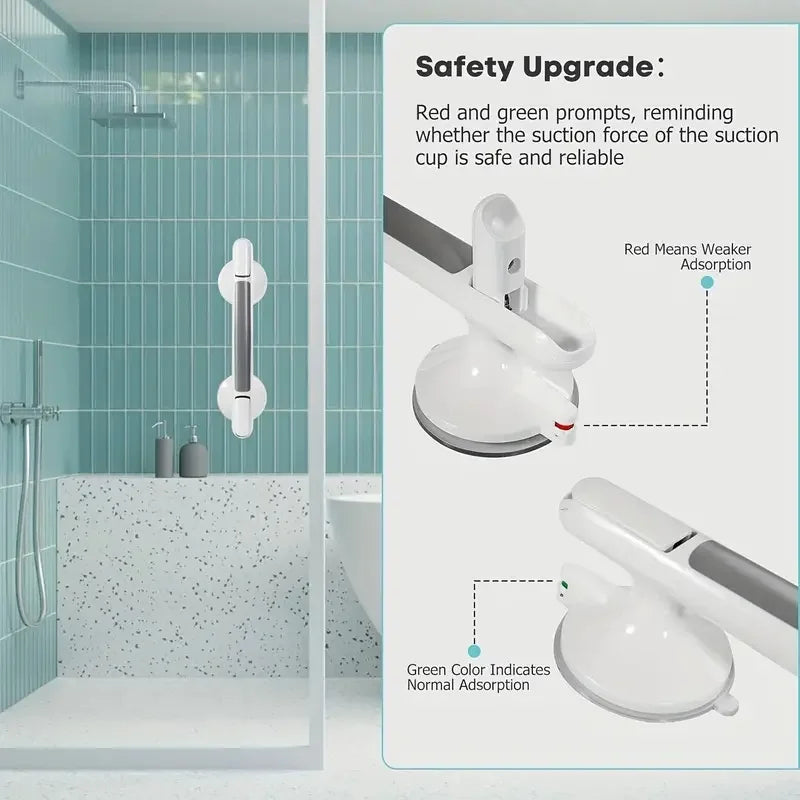 A close-up of a suction cup grab bar demonstrating safety upgrades with red and green color indicators for suction force.