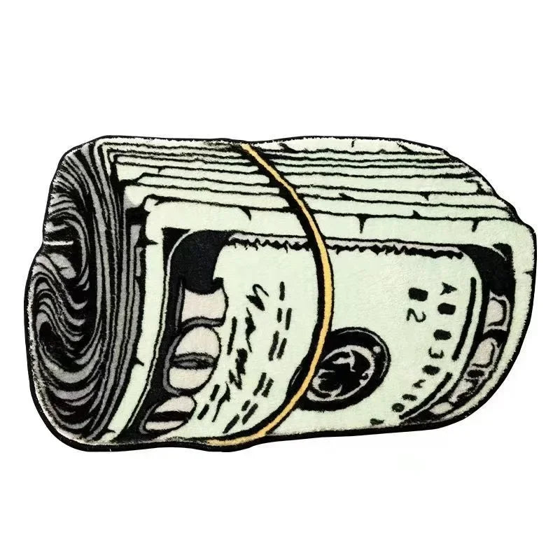 A rolled creative dollar print non-slip bathroom rug with black and white stripes.