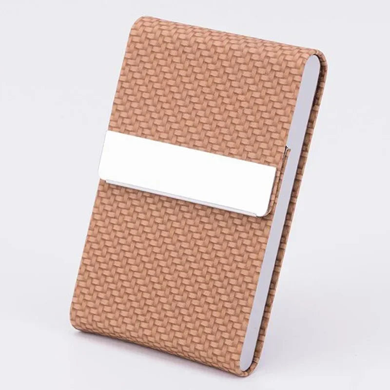 A brown woven card holder with a white insert, made of slim PU leather and stainless steel.