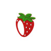 A silicone fruit-shaped teether designed for teething relief, shaped like a strawberry with green leaves.