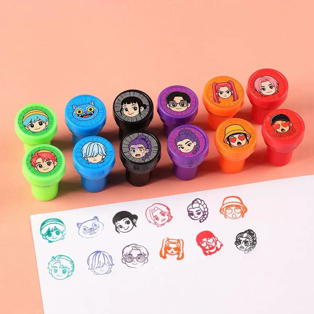 A set of colorful K-Pop themed birthday party decorations including various face stickers and accessories.