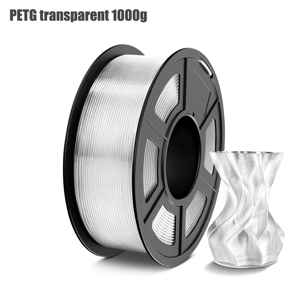 A roll of clear PETG filament with a black plastic spool shown next to a cut piece.
