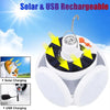 White foldable solar camping lantern showing options for solar and USB recharging.