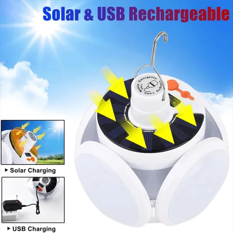 White foldable solar camping lantern showing options for solar and USB recharging.