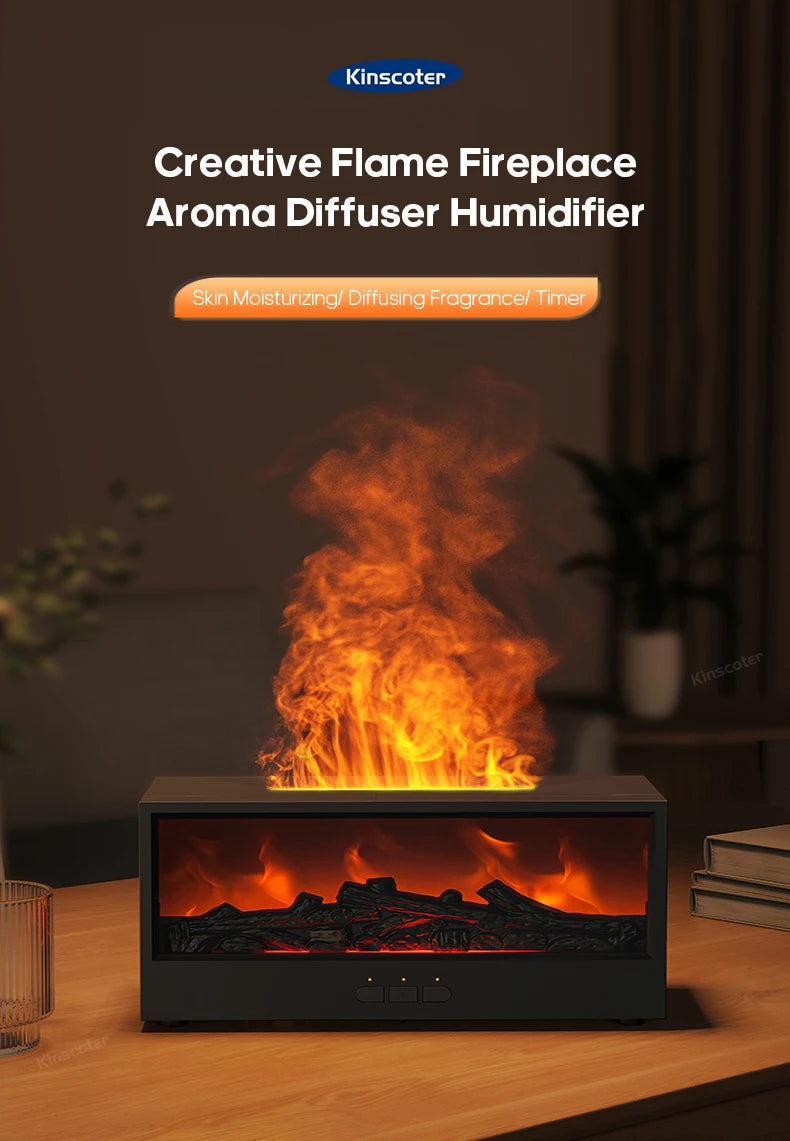 A black fireplace aroma diffuser humidifier is shown glowing with bright orange flames on a wooden surface.